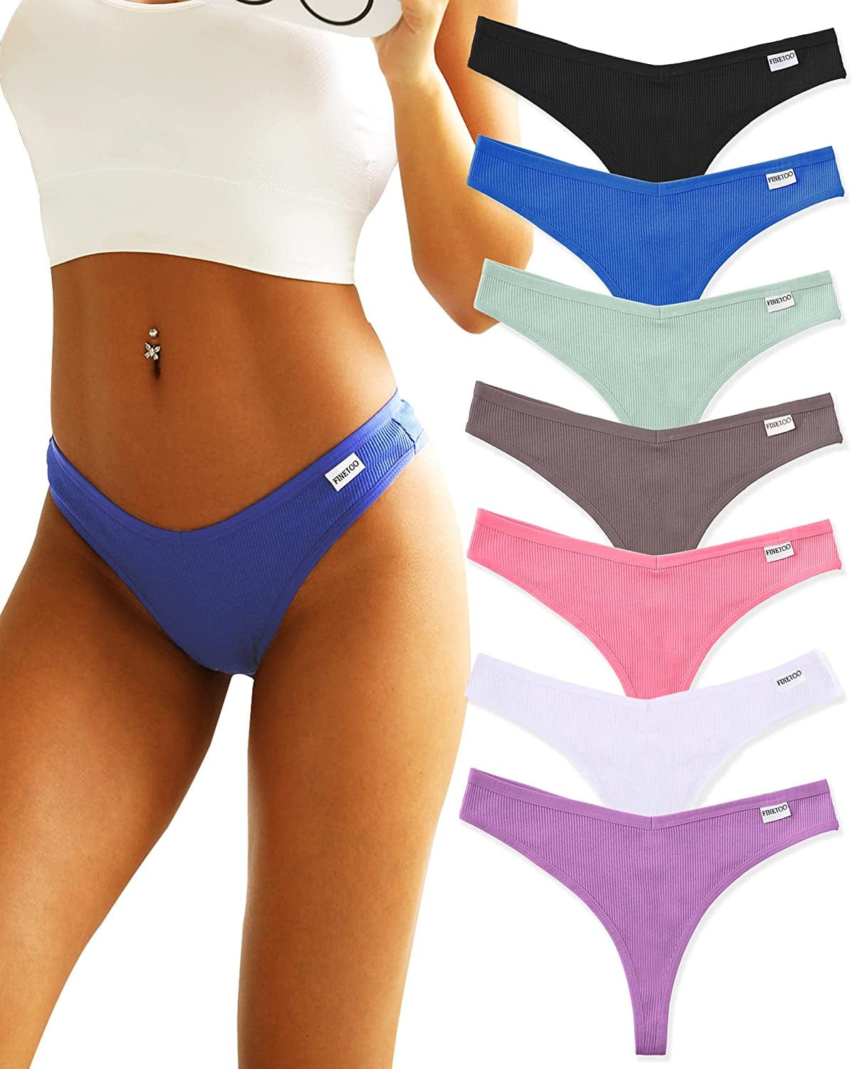 FINETOO 7 Pack Womens Thongs Underwear Cotton Breathable Low Rise Hipster Panties Sexy S-XL 7pack Thongs E / Small