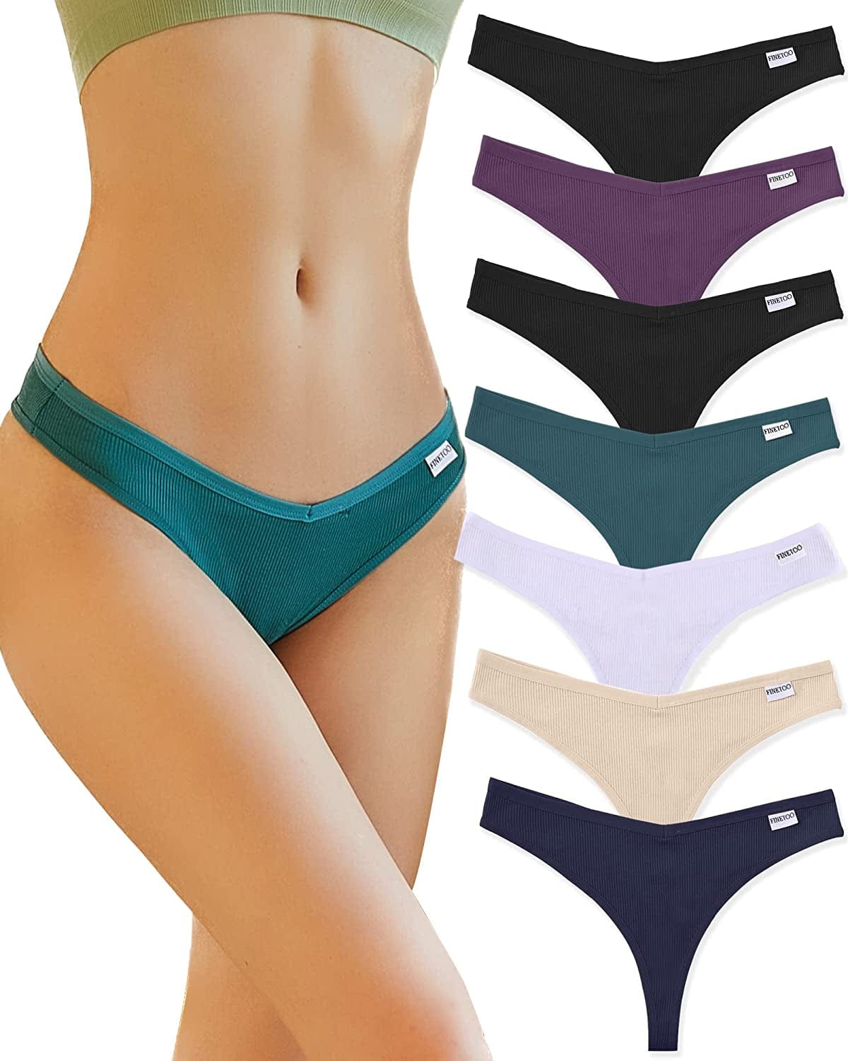 FINETOO 7 Pack Womens Thongs Underwear Cotton Breathable Low Rise Hipster Panties Sexy S-XL 7pack Thongs F / Small