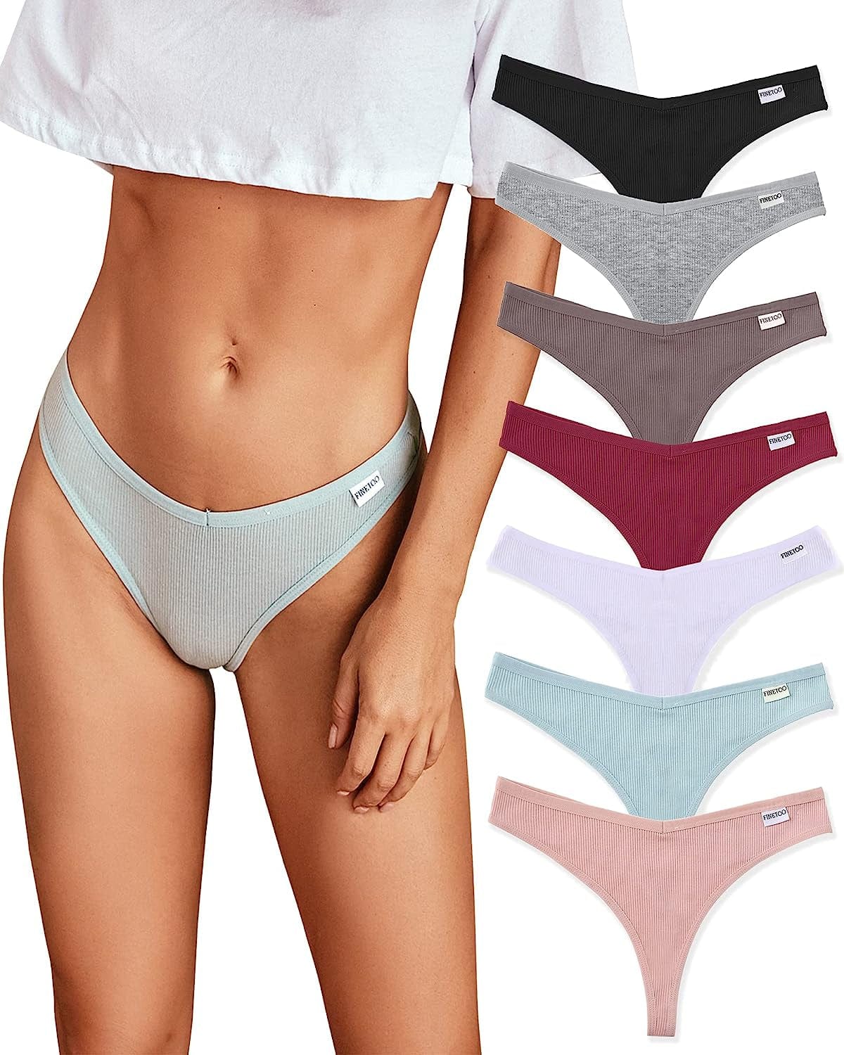 FINETOO 7 Pack Womens Thongs Underwear Cotton Breathable Low Rise Hipster Panties Sexy S-XL 7pack Thongs B / Large