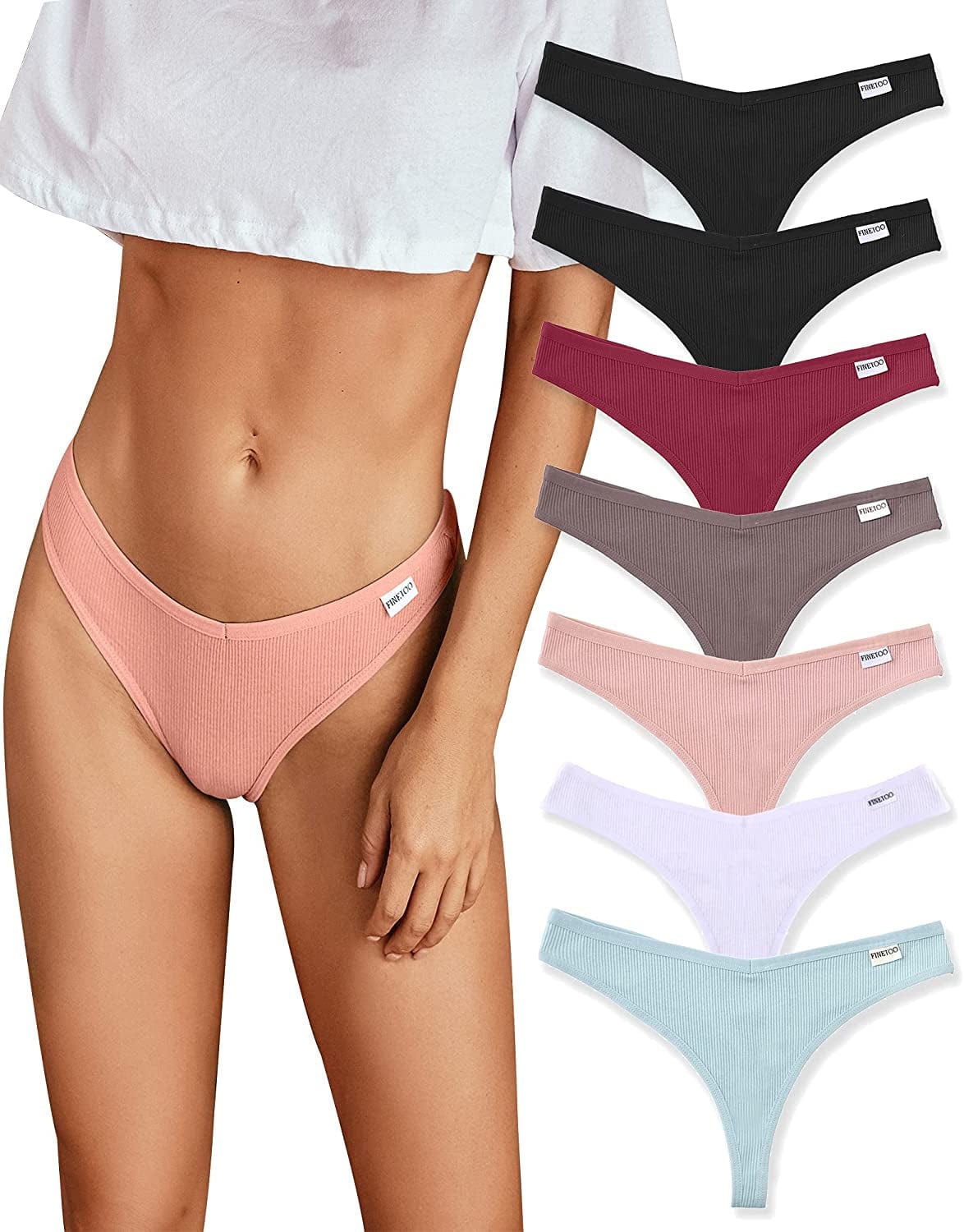 FINETOO 7 Pack Womens Thongs Underwear Cotton Breathable Low Rise Hipster Panties Sexy S-XL 7pack Thongs / Large