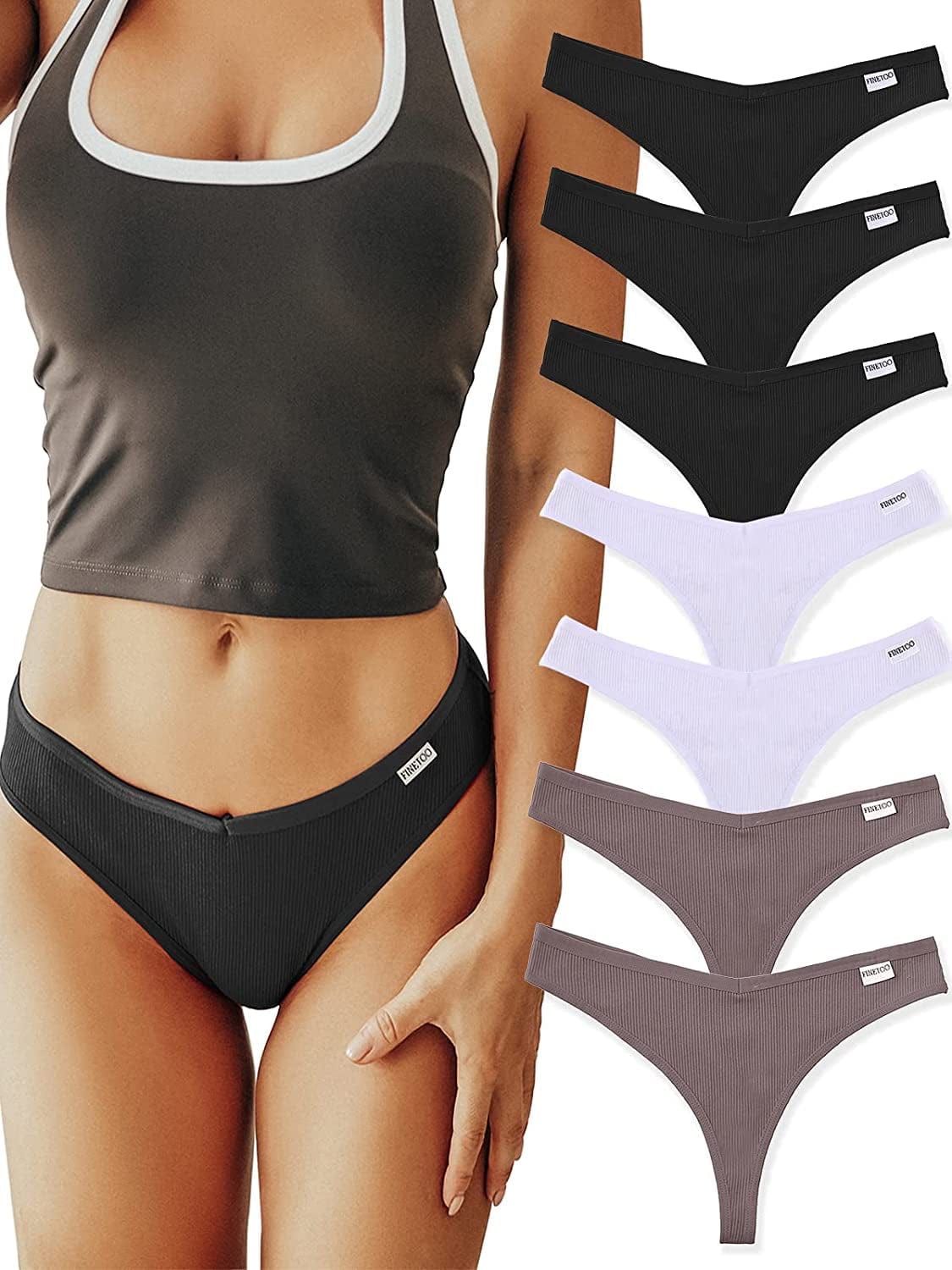 FINETOO 7 Pack Womens Thongs Underwear Cotton Breathable Low Rise Hipster Panties Sexy S-XL 7pack Thongs Sanse-k / Small