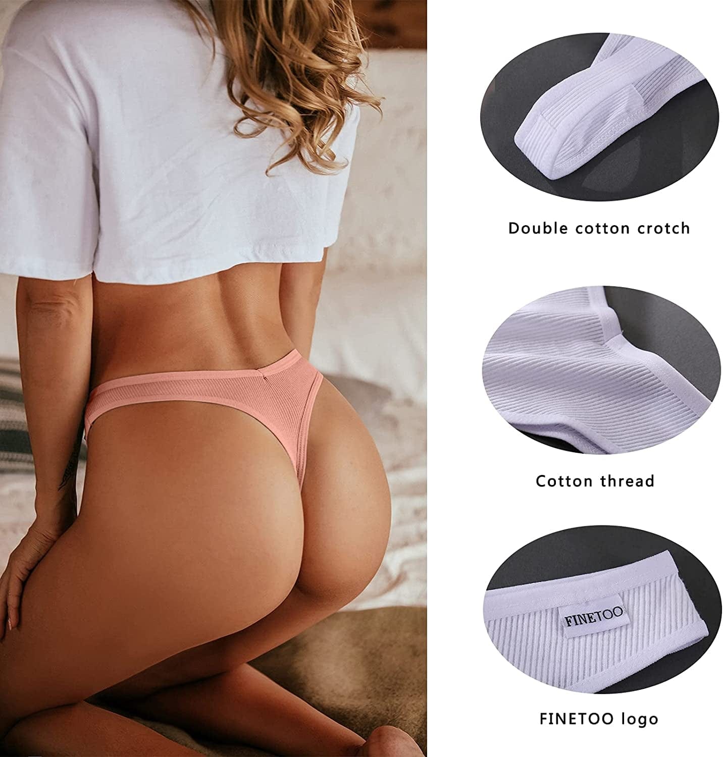 FINETOO 7 Pack Womens Thongs Underwear Cotton Breathable Low Rise Hipster Panties Sexy S-XL
