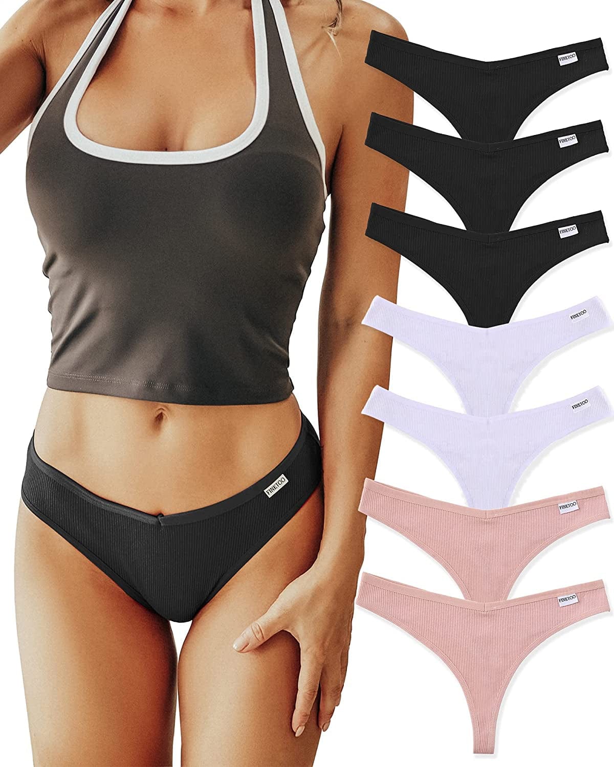 FINETOO 7 Pack Womens Thongs Underwear Cotton Breathable Low Rise Hipster Panties Sexy S-XL 7pack Thongs Sanse-f / Large