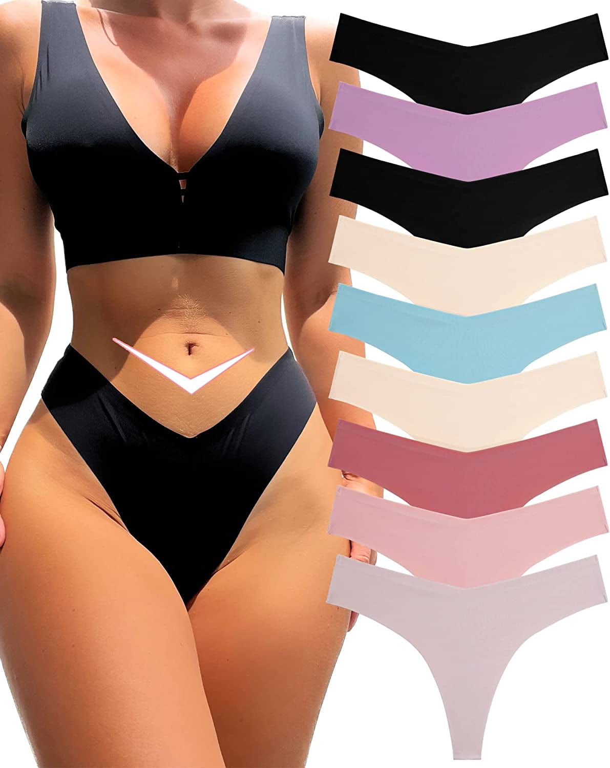 FINETOO 9 Pack Seamless Thongs for Women No Show Underwear V Waisted Comfortable Sexy Thong Panties XS-L C-9pack / X-Small