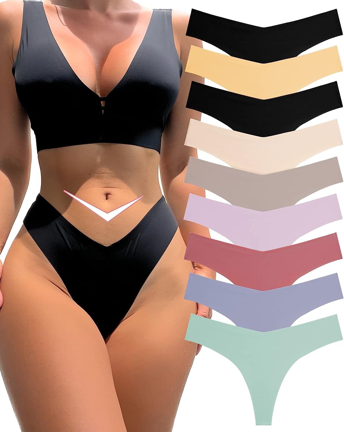 FINETOO 9 Pack Seamless Thongs for Women No Show Underwear V Waisted Comfortable Sexy Thong Panties XS-L D-9pack / X-Small