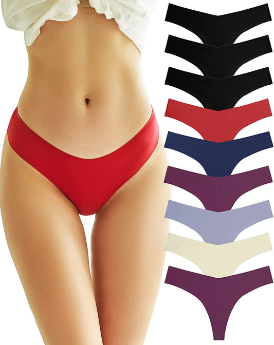 FINETOO 9 Pack Seamless Thongs for Women No Show Underwear V Waisted Comfortable Sexy Thong Panties XS-L B-9pack / X-Small