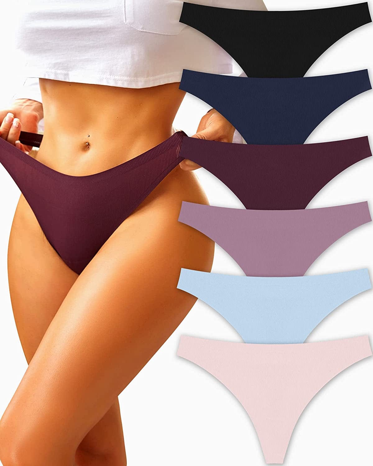FINETOO Seamless Thongs for Women No Show Thong with Ribbed Soft Invisible Panties Womens Underwear Sexy 6 Pack XS-XL