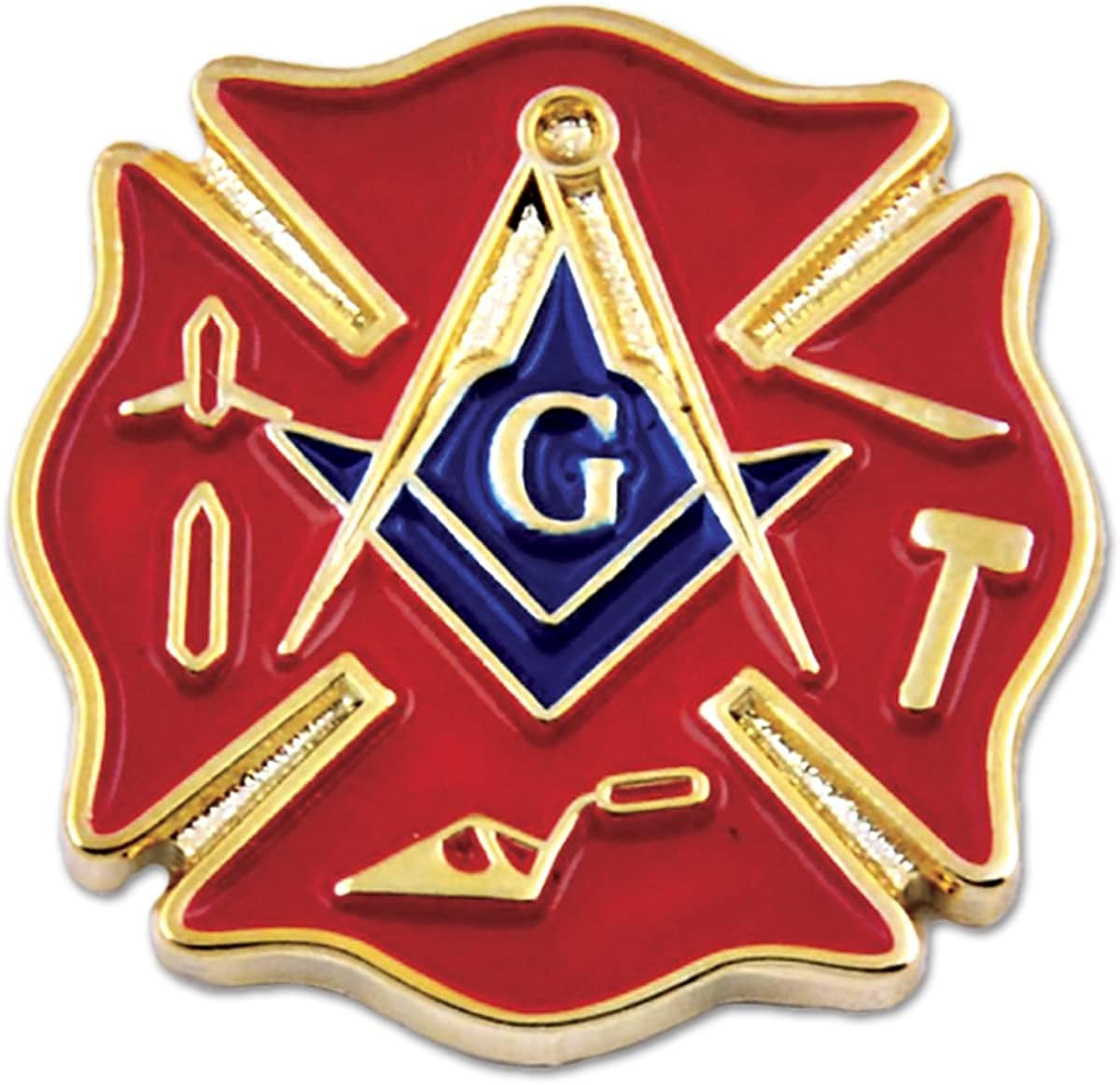 Red and gold Masonic firefighter square and compass lapel pin with butterfly backing