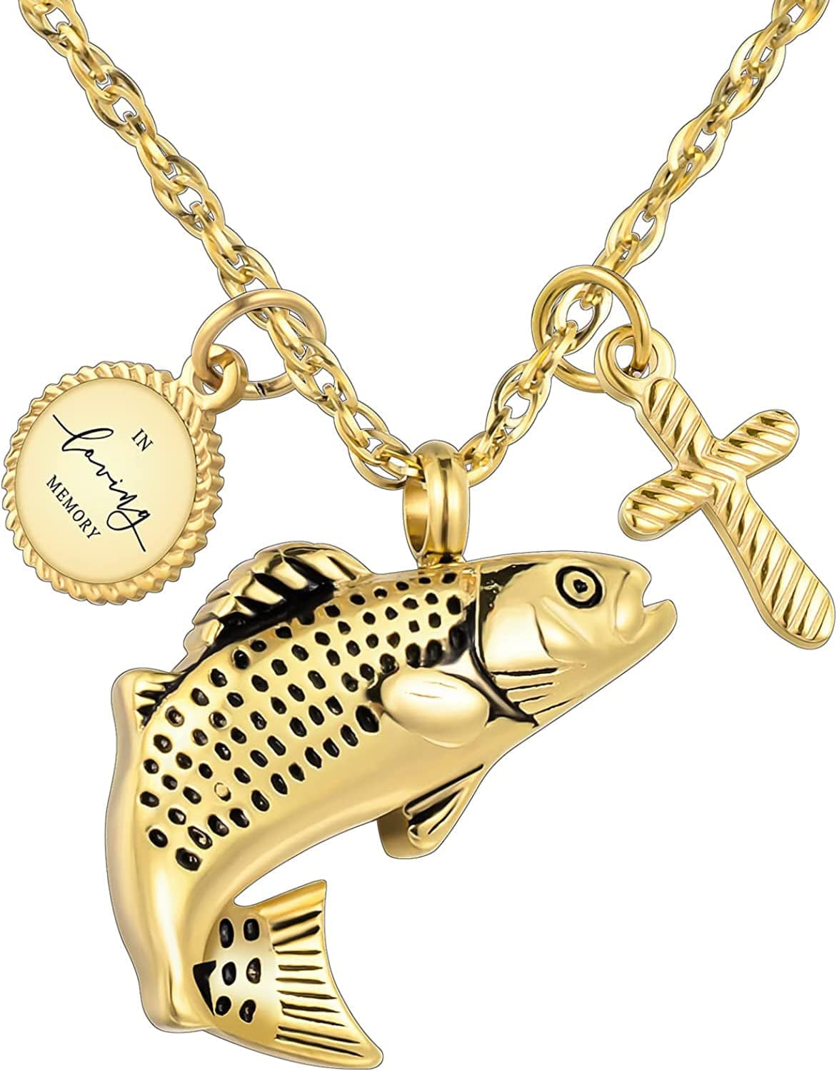 Fish Urn Cremation Necklace for Ashes Urn Necklaces for Human Ashes in Loving Memory of Dad Fishing Locket Ashes Holder Keepsake Cremation Memorial Pendant Jewelry gold cross fish