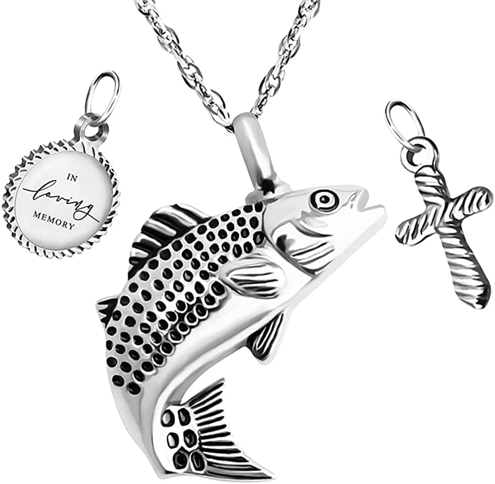 Fish Urn Cremation Necklace for Ashes Urn Necklaces for Human Ashes in Loving Memory of Dad Fishing Locket Ashes Holder Keepsake Cremation Memorial Pendant Jewelry silver cross fish