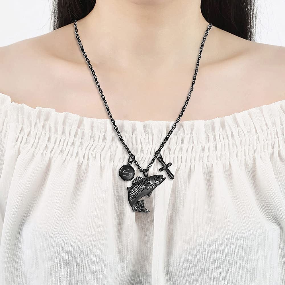 Fish Urn Cremation Necklace for Ashes Urn Necklaces for Human Ashes in Loving Memory of Dad Fishing Locket Ashes Holder Keepsake Cremation Memorial Pendant Jewelry