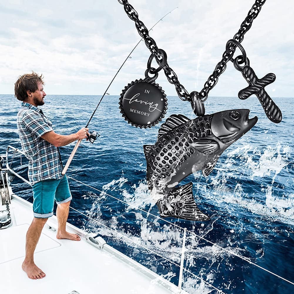 Fish Urn Cremation Necklace for Ashes Urn Necklaces for Human Ashes in Loving Memory of Dad Fishing Locket Ashes Holder Keepsake Cremation Memorial Pendant Jewelry