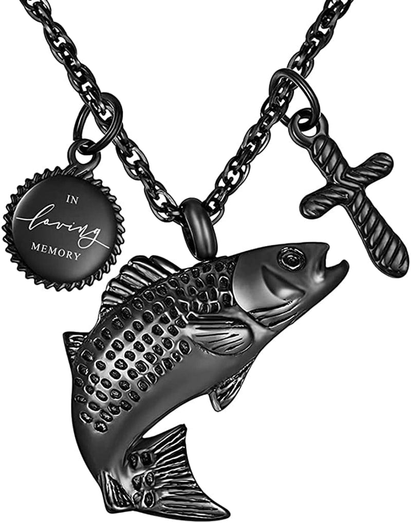 Fish Urn Cremation Necklace for Ashes Urn Necklaces for Human Ashes in Loving Memory of Dad Fishing Locket Ashes Holder Keepsake Cremation Memorial Pendant Jewelry t-black