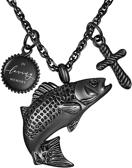 Fish Urn Cremation Necklace for Ashes Urn Necklaces for Human Ashes in Loving Memory of Dad Fishing Locket Ashes Holder Keepsake Cremation Memorial Pendant Jewelry t-black