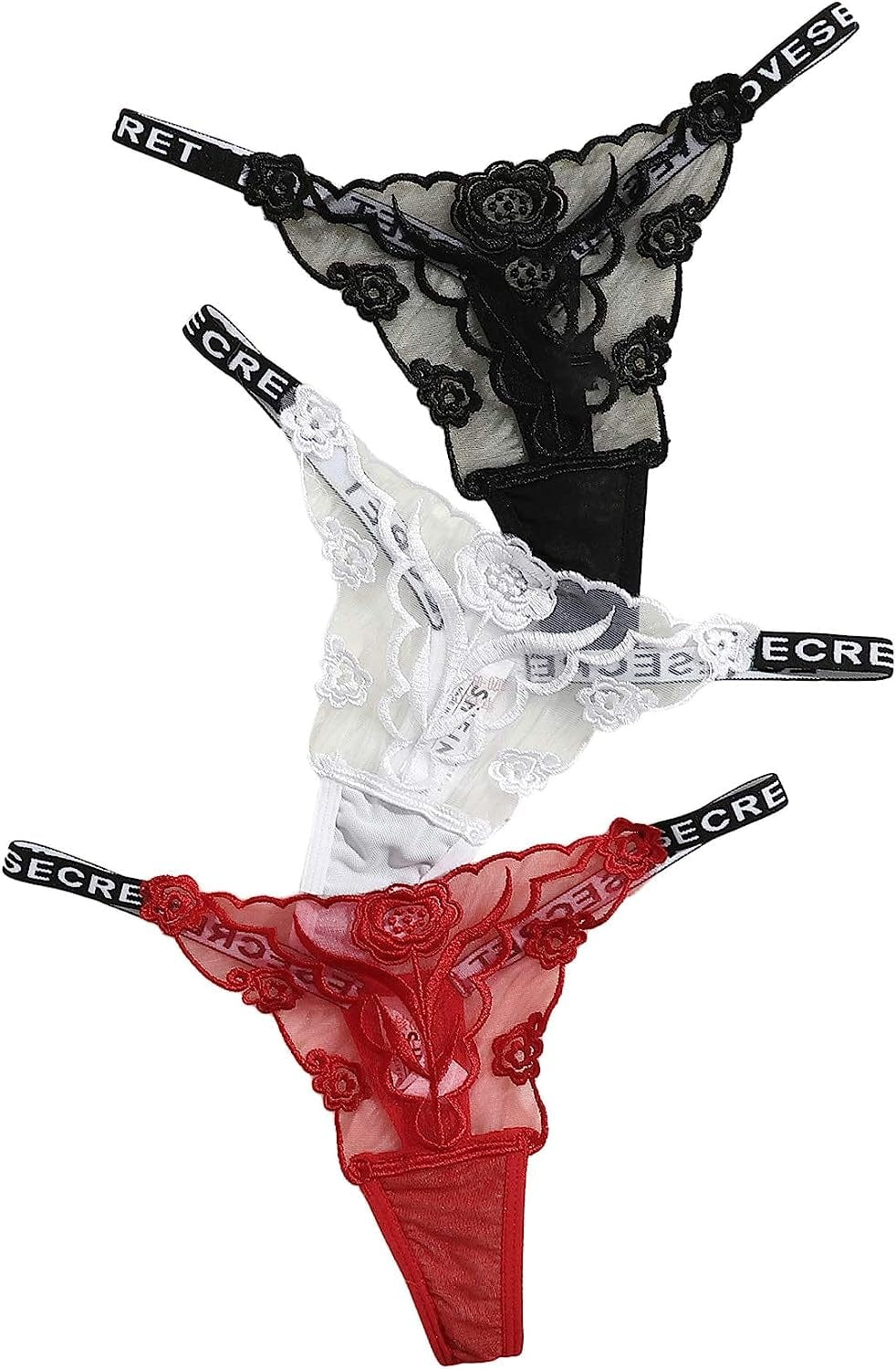 Floerns Women'S 3 Pack Embroidered Mesh Letter Tape V-String Thong Panties Set Multi / Large