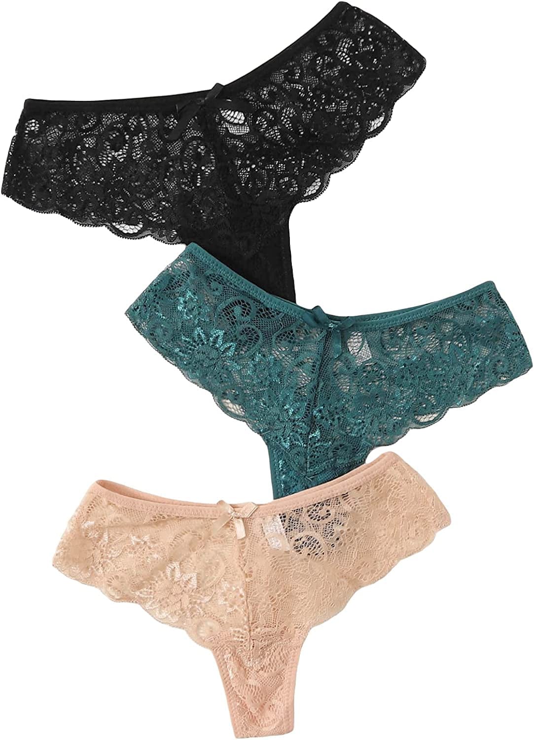 Floerns Women'S 3 Pack Embroidered Mesh Letter Tape V-String Thong Panties Set Black Green Multi / Large