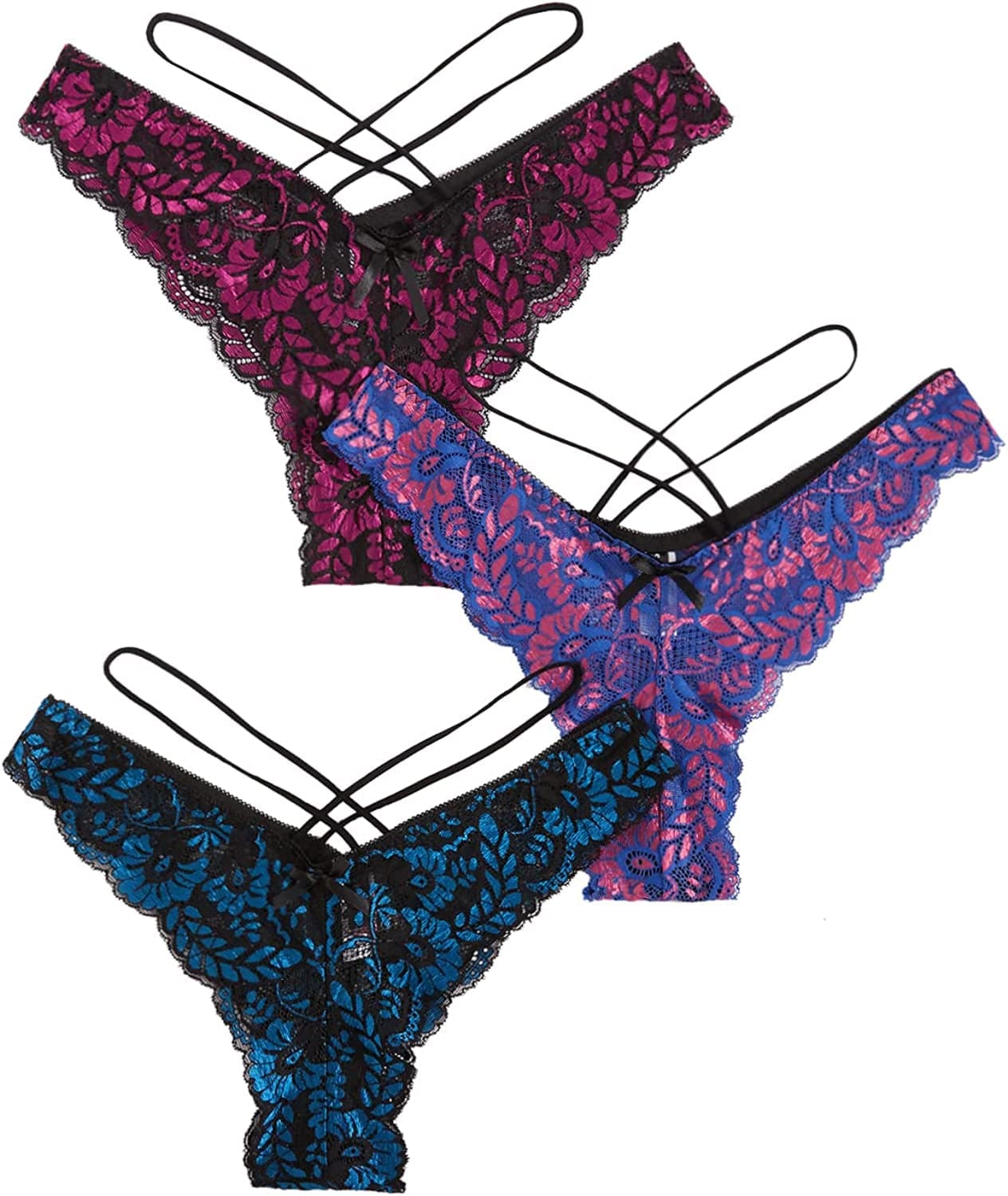 Floerns Women'S 3 Pack Embroidered Mesh Letter Tape V-String Thong Panties Set Purple Multi / Large