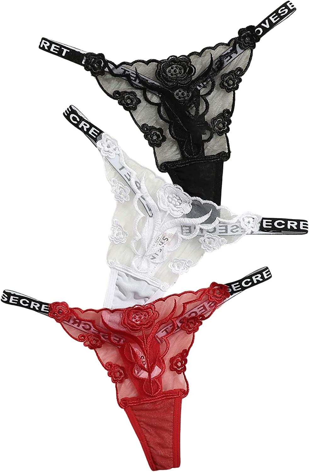 Floerns Women'S 3 Pack Embroidered Mesh Letter Tape V-String Thong Panties Set Multi / Small