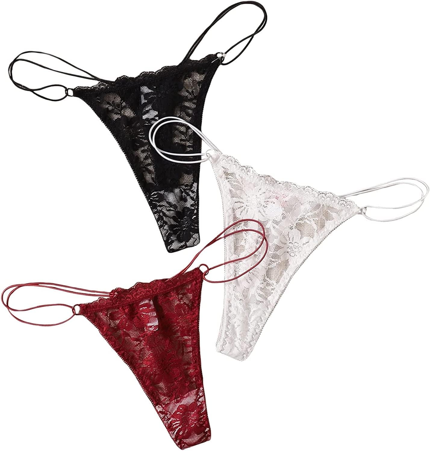 Floerns Women'S 3 Pack Embroidered Mesh Letter Tape V-String Thong Panties Set Black Red Multi / Large