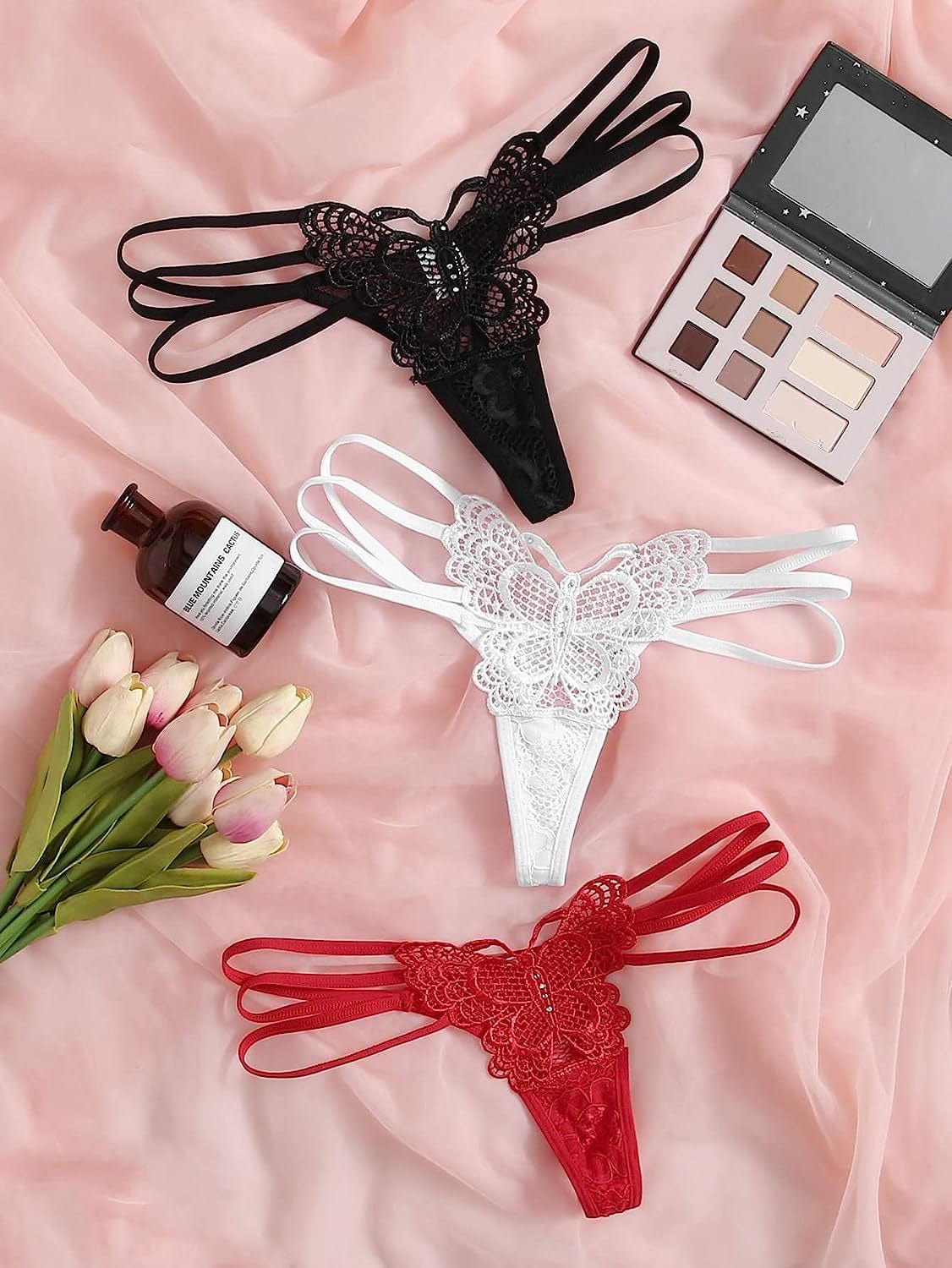 Floerns Women'S 3 Pack Embroidered Mesh Letter Tape V-String Thong Panties Set