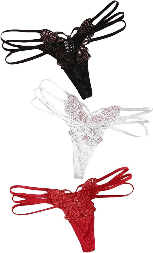 Floerns Women'S 3 Pack Embroidered Mesh Letter Tape V-String Thong Panties Set White Red Multi / Medium