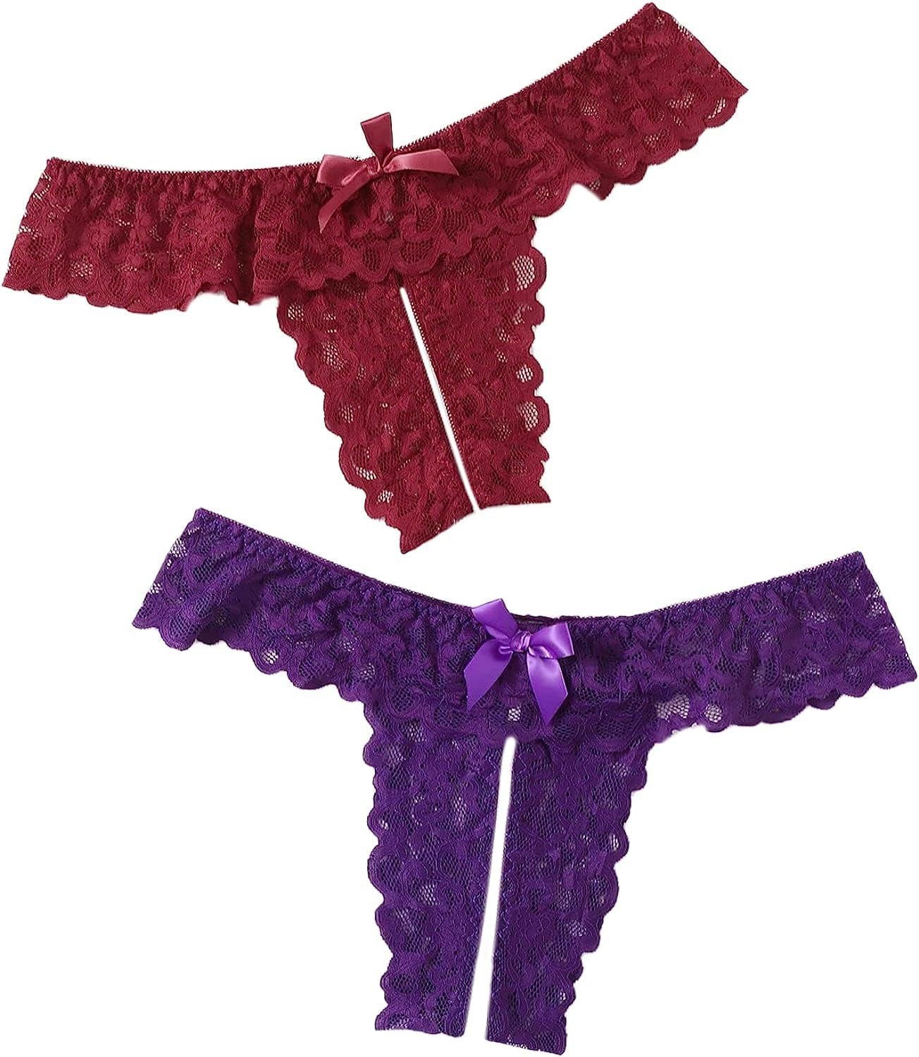Floerns Women'S plus Size 2 Pack Lace Seamless V-Strings Thong Panties Set Purple Red Multi / 4X-Large Plus