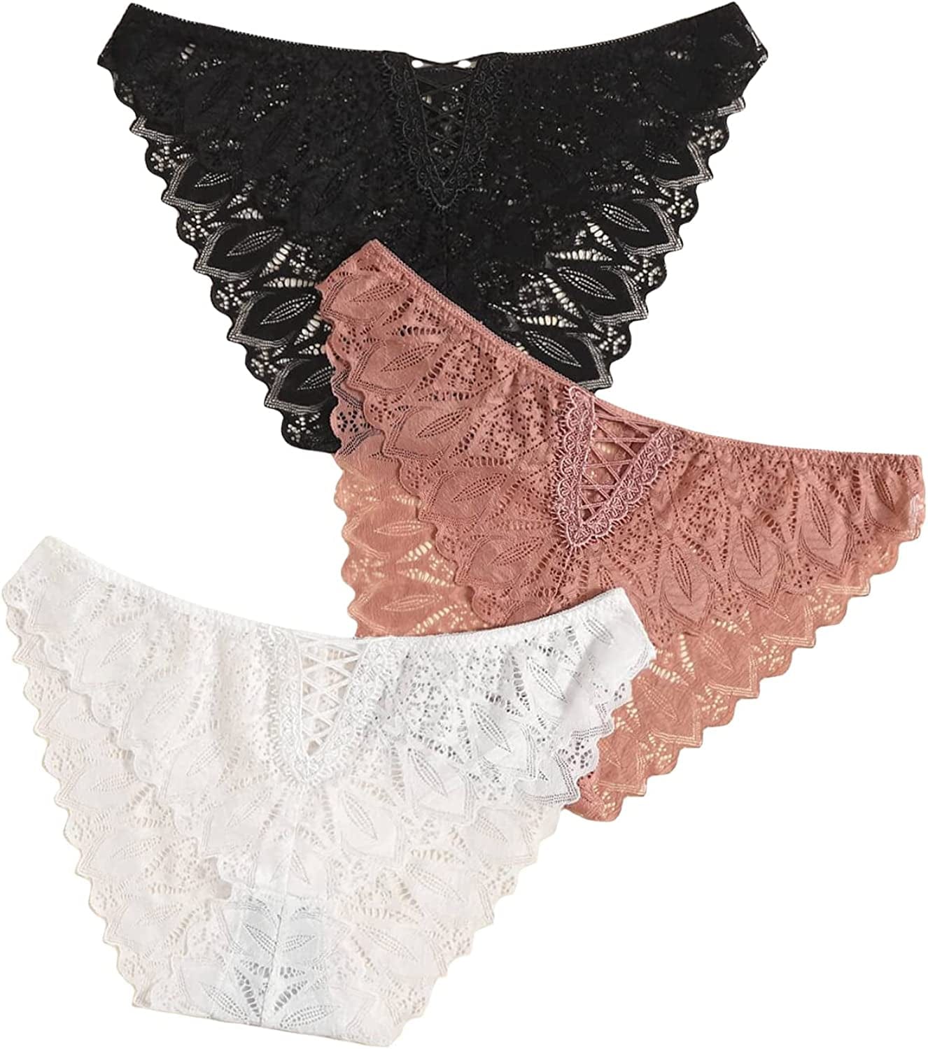 Floerns Women'S plus Size 2 Pack Lace Seamless V-Strings Thong Panties Set Black Brown White / X-Large Plus