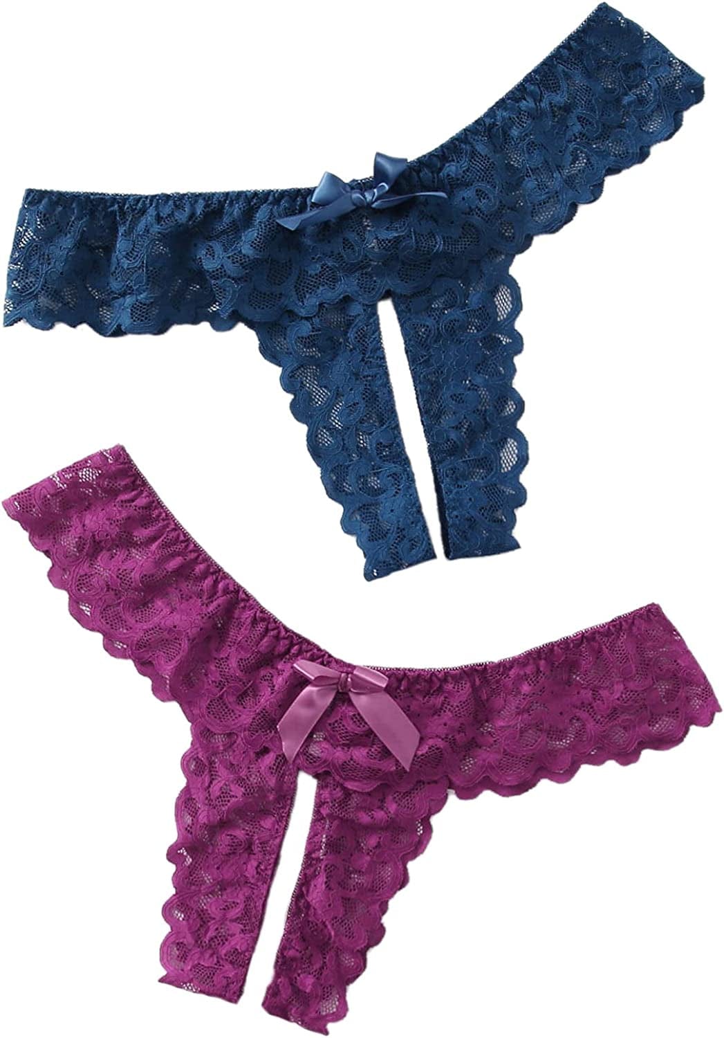 Floerns Women'S plus Size 2 Pack Lace Seamless V-Strings Thong Panties Set Blue Red Multi / 4X-Large Plus