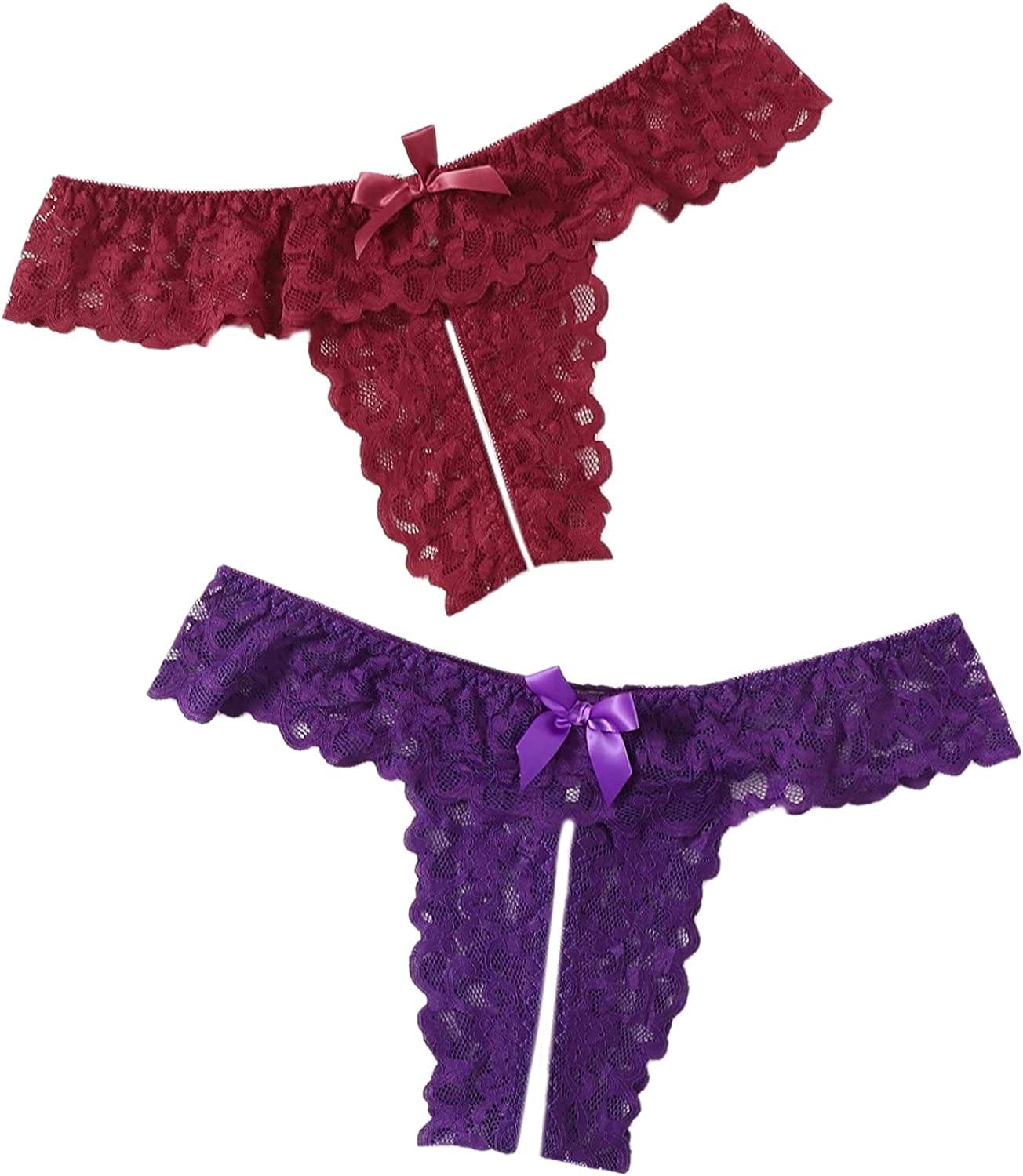 Floerns Women'S plus Size 2 Pack Lace Seamless V-Strings Thong Panties Set Purple Red Multi / XX-Large