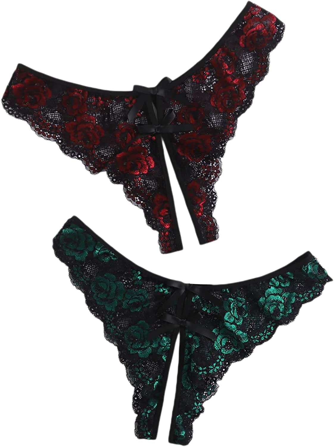 Floerns Women'S plus Size 2 Pack Lace Seamless V-Strings Thong Panties Set Red and Green / XX-Large Plus