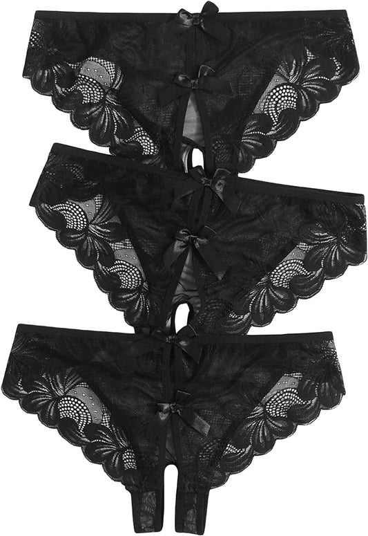 Floerns Women'S plus Size 2 Pack Lace Seamless V-Strings Thong Panties Set Black Lace / X-Large Plus
