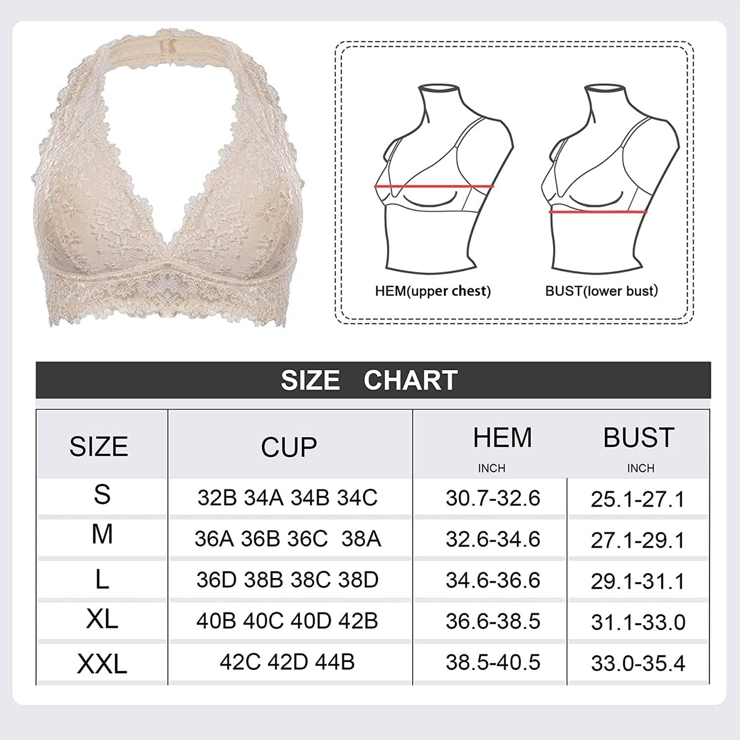 Floral Lace Halter Bralette for Women, Wireless Bra Lingerie with Removable Padded Halter Crop Top
