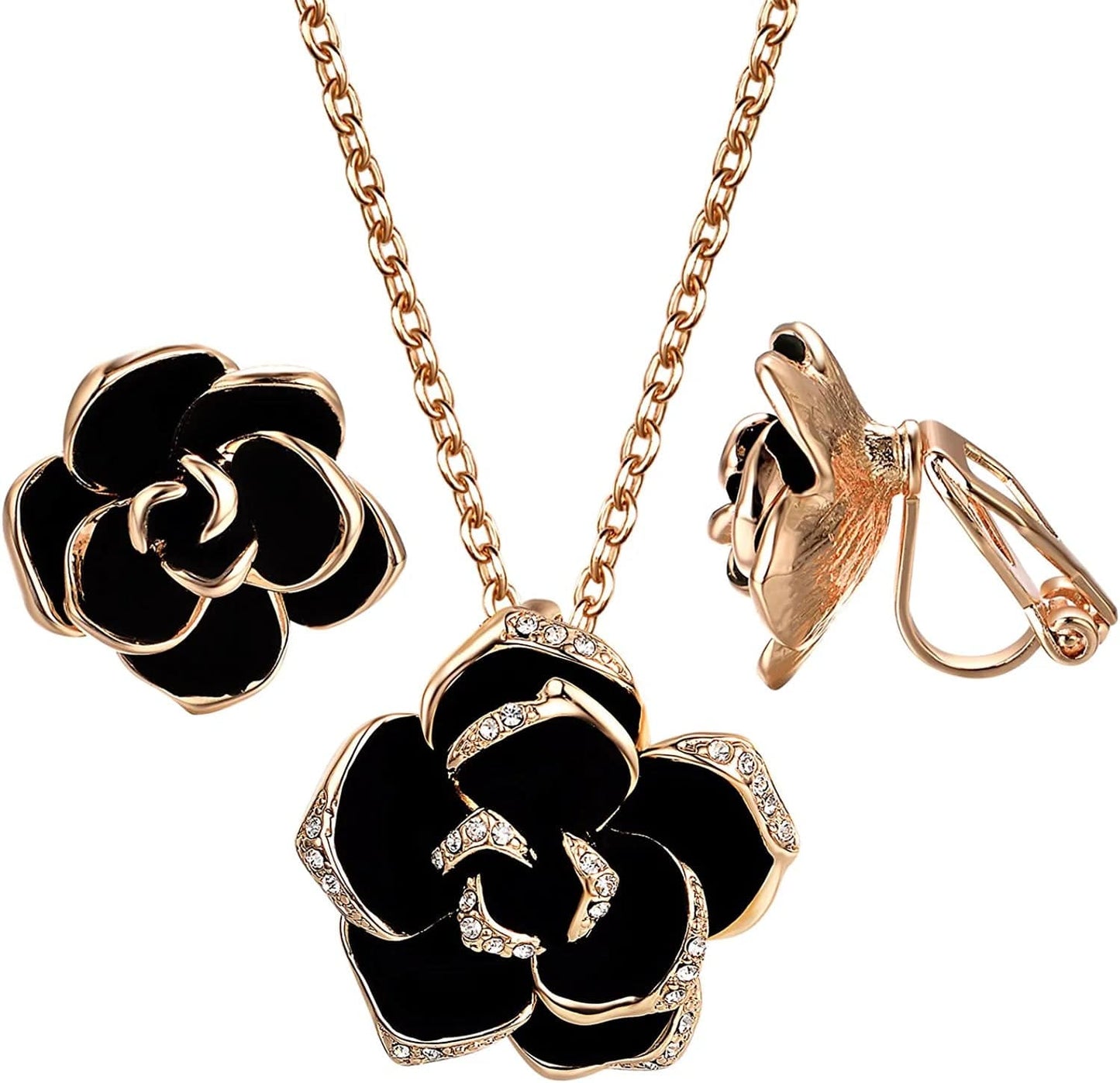 Flower Jewelry Set 18K Rose GP Sexy Flower Lacing with Rhinestones Clip Earrings&Necklace Ladies Jewelry Set Rose Flower Jewelry Set