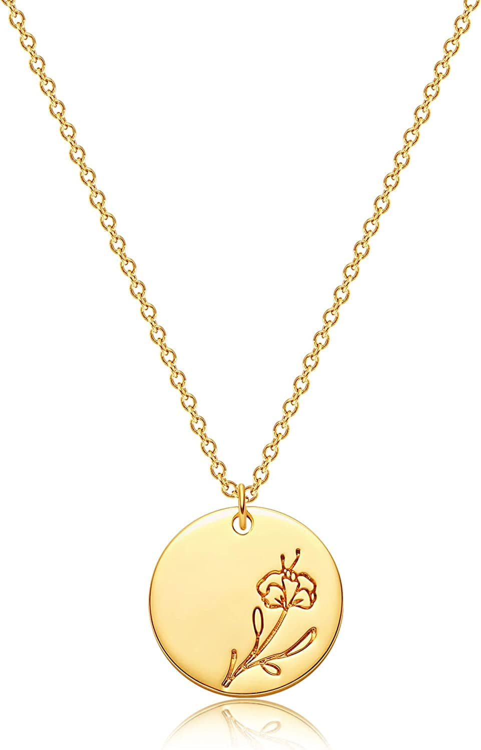 Flower Necklace for Women 18K Plated Gold Dainty Disk Disc Coin Pendant Minimalist Floral Necklace Classic Birth Flower Necklace Delicate Personalized Gift for Her B-February-Violet-Style A