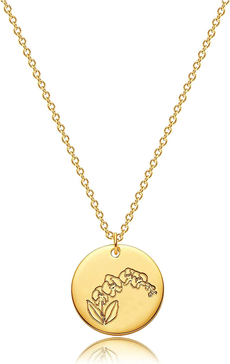 Flower Necklace for Women 18K Plated Gold Dainty Disk Disc Coin Pendant Minimalist Floral Necklace Classic Birth Flower Necklace Delicate Personalized Gift for Her B-February-Orchid-Style B