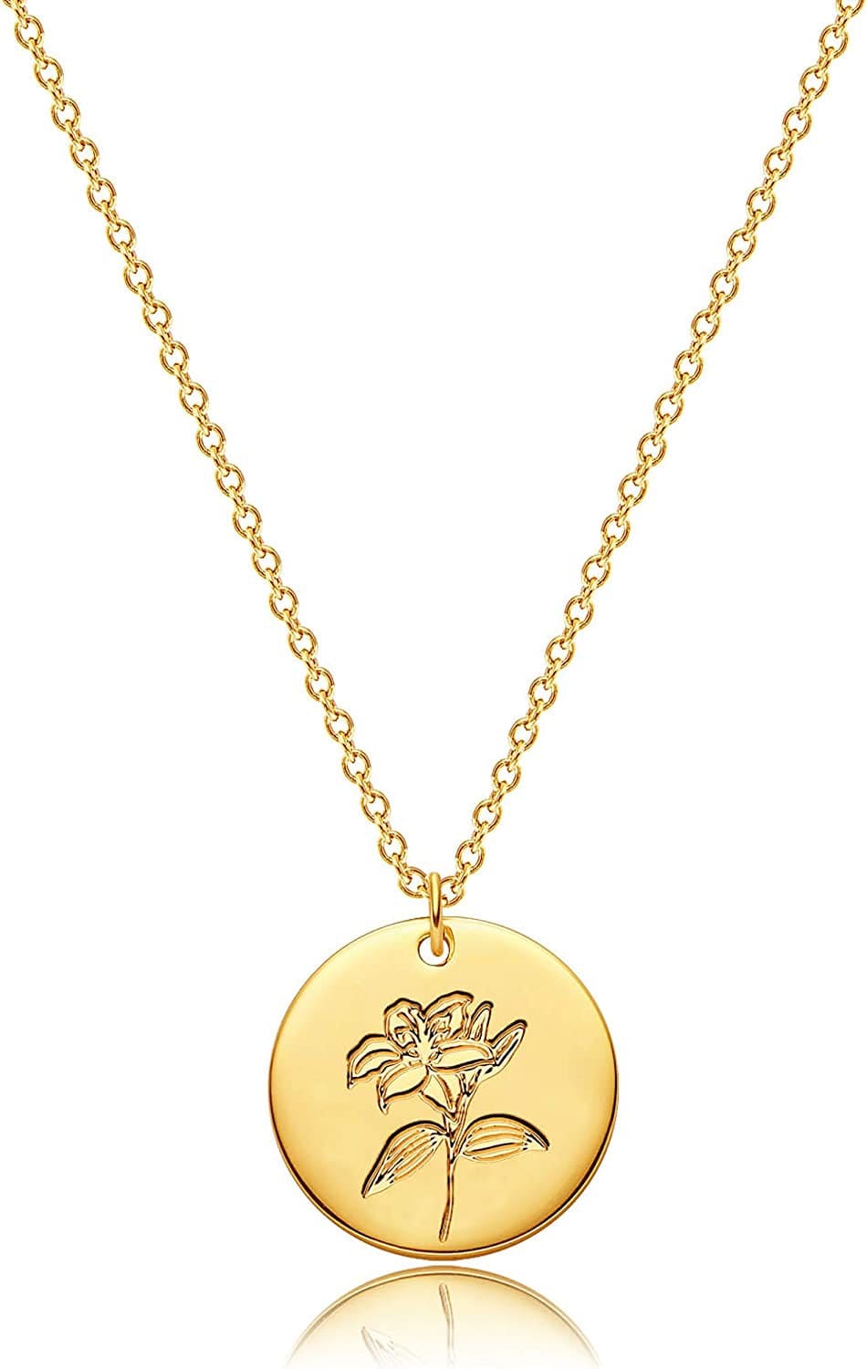 Flower Necklace for Women 18K Plated Gold Dainty Disk Disc Coin Pendant Minimalist Floral Necklace Classic Birth Flower Necklace Delicate Personalized Gift for Her E-May-Lily-Style B
