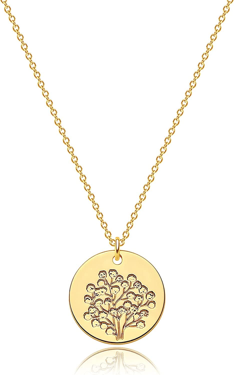 Flower Necklace for Women 18K Plated Gold Dainty Disk Disc Coin Pendant Minimalist Floral Necklace Classic Birth Flower Necklace Delicate Personalized Gift for Her N-Gypsophila