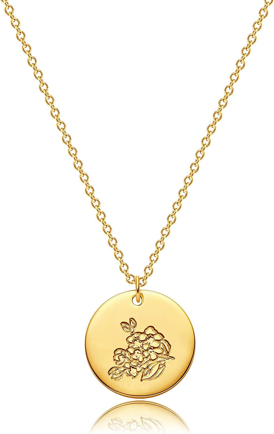 Flower Necklace for Women 18K Plated Gold Dainty Disk Disc Coin Pendant Minimalist Floral Necklace Classic Birth Flower Necklace Delicate Personalized Gift for Her C-March-Cherry Blossom-Style B