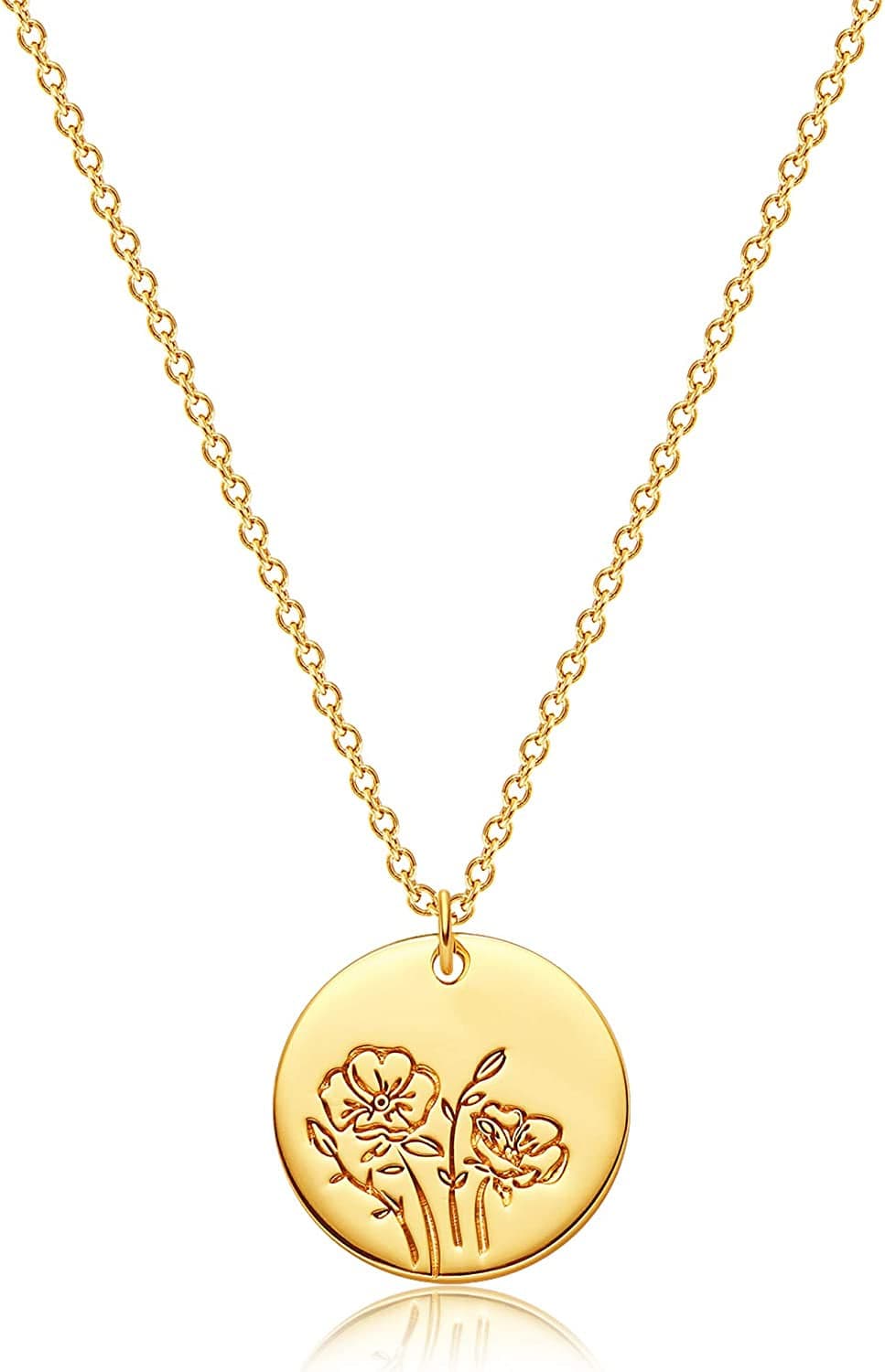 Flower Necklace for Women 18K Plated Gold Dainty Disk Disc Coin Pendant Minimalist Floral Necklace Classic Birth Flower Necklace Delicate Personalized Gift for Her H-August-Poppy-Style A