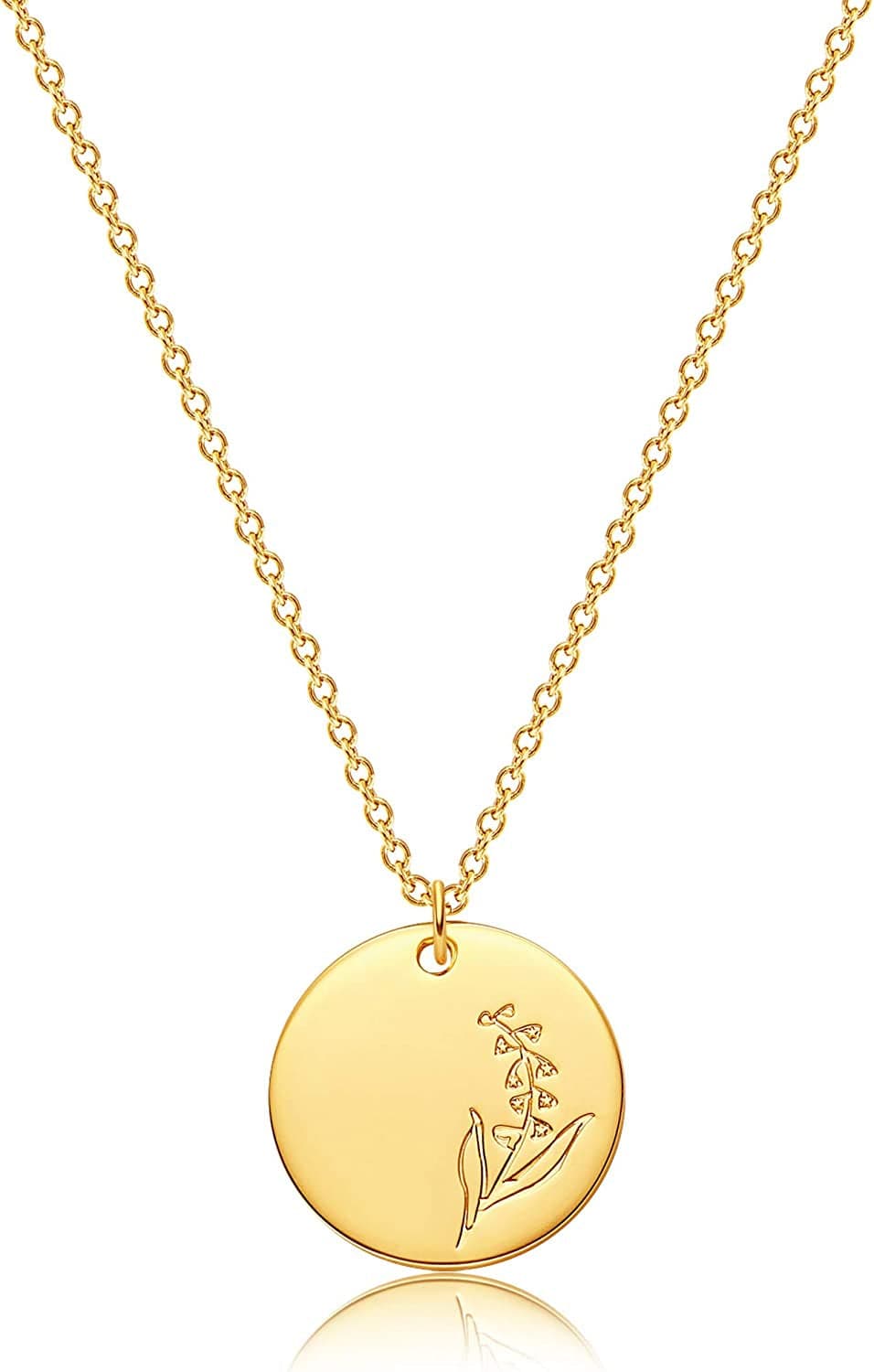 Flower Necklace for Women 18K Plated Gold Dainty Disk Disc Coin Pendant Minimalist Floral Necklace Classic Birth Flower Necklace Delicate Personalized Gift for Her E-May-Lily-Style A