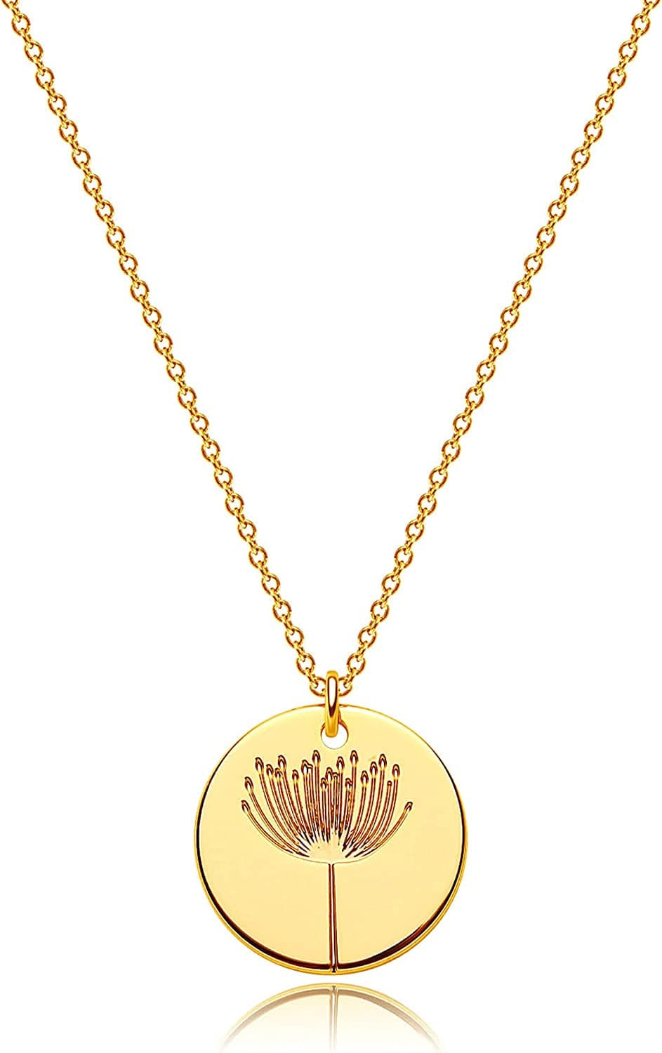 Flower Necklace for Women 18K Plated Gold Dainty Disk Disc Coin Pendant Minimalist Floral Necklace Classic Birth Flower Necklace Delicate Personalized Gift for Her P-Dandelion