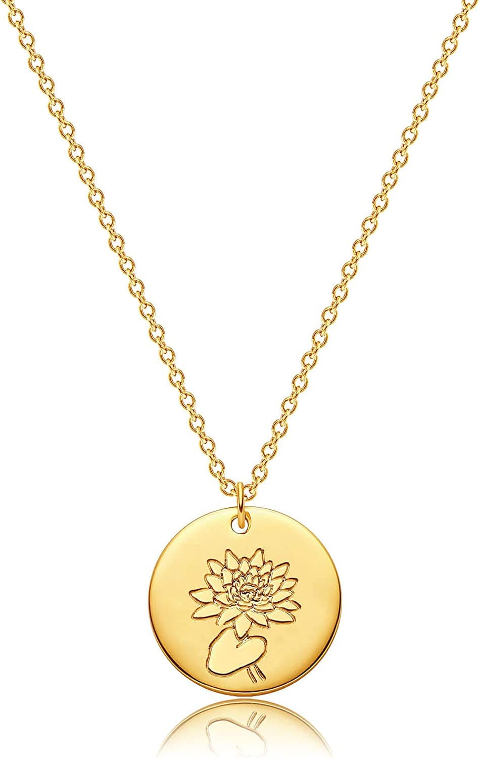 Flower Necklace for Women 18K Plated Gold Dainty Disk Disc Coin Pendant Minimalist Floral Necklace Classic Birth Flower Necklace Delicate Personalized Gift for Her G-July-Lotus-Style B