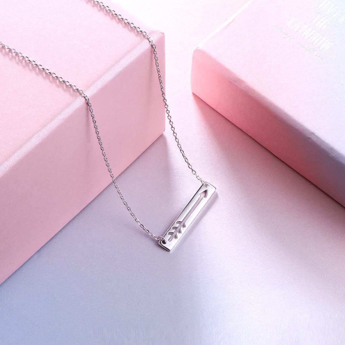 FLYOW 925 Sterling Silver Love Arrow Horizontal Sideways Minimalist Bar Pendant Necklace for Women Teen Girls Gift, 18 Inch + 2 Inch