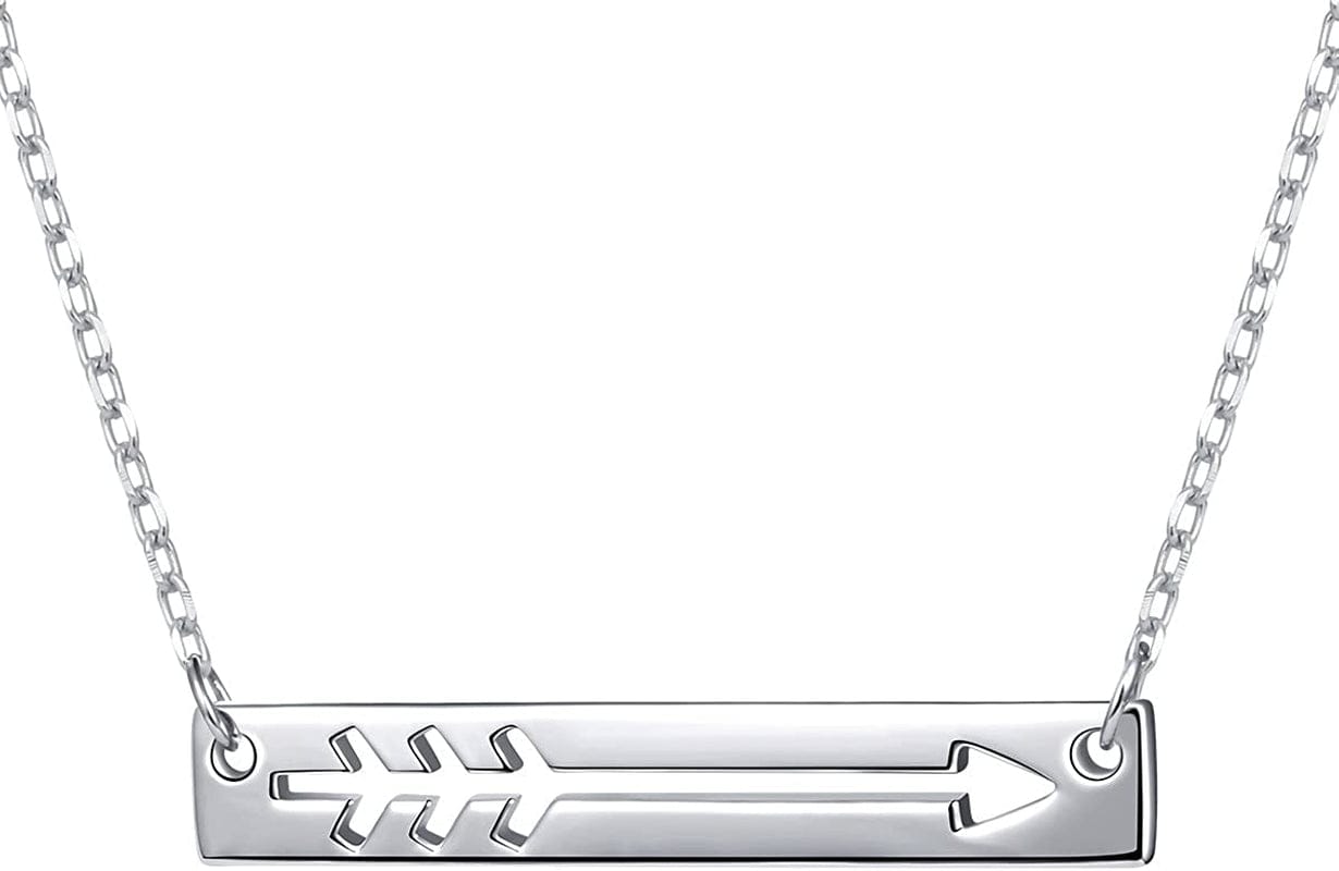 FLYOW 925 Sterling Silver Love Arrow Horizontal Sideways Minimalist Bar Pendant Necklace for Women Teen Girls Gift, 18 Inch + 2 Inch