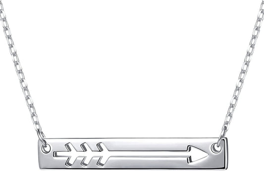 FLYOW 925 Sterling Silver Love Arrow Horizontal Sideways Minimalist Bar Pendant Necklace for Women Teen Girls Gift, 18 Inch + 2 Inch