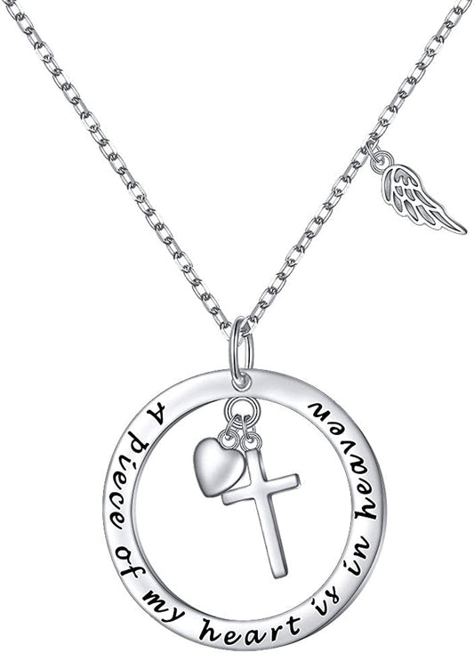 Flyow 925 Sterling Silver Memorial Necklace a Piece of My Heart Is in Heaven Pendant Jewelry in Memory of Mom Dad Grandma Grandpa Pet Baby Loss Memorial Gift Style 1