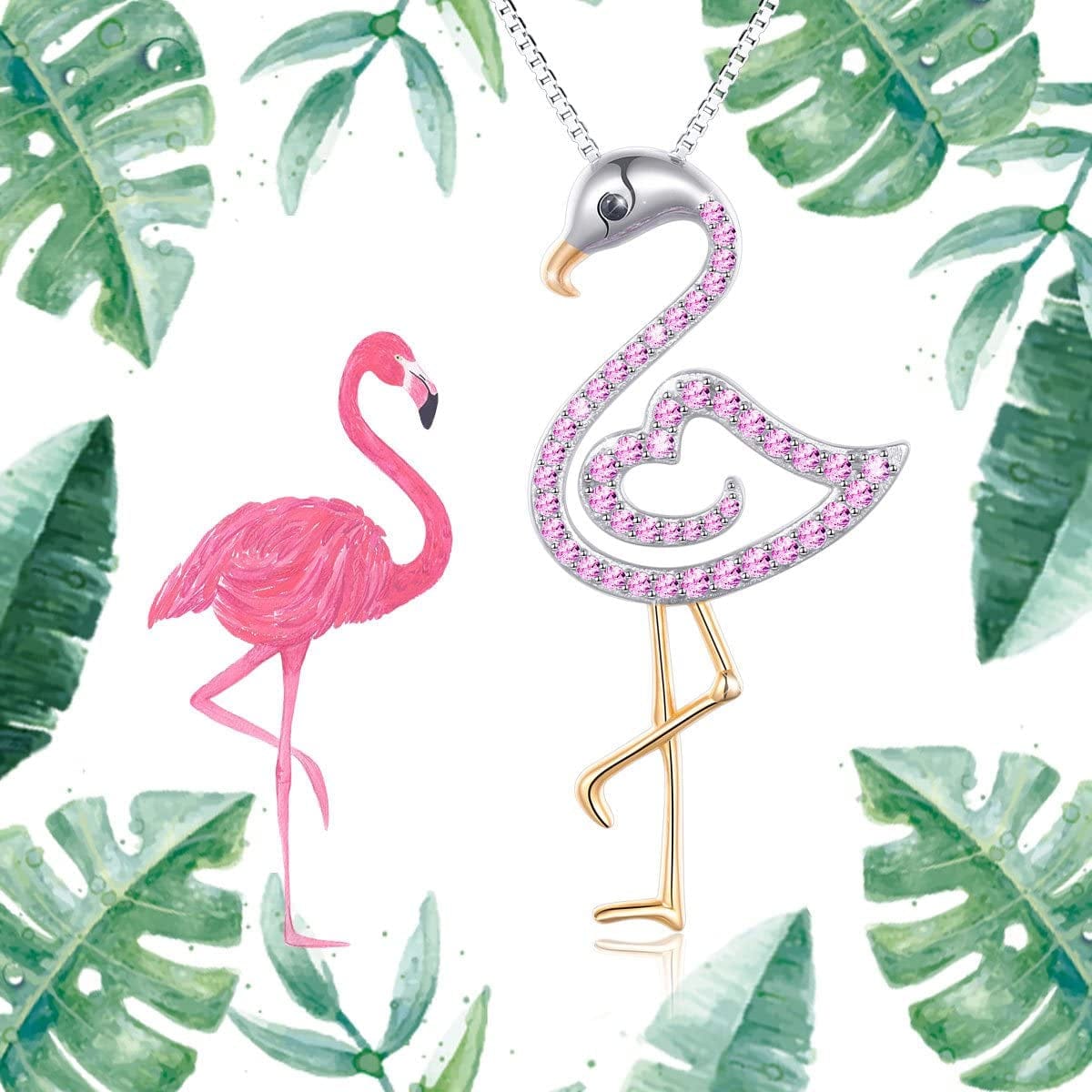 FLYOW Two Tone S925 Sterling Silver Bird Pendant Pink Flamingo Love Heart Pendant Necklace for Women Ladies Teen Girls Birthday Gifts