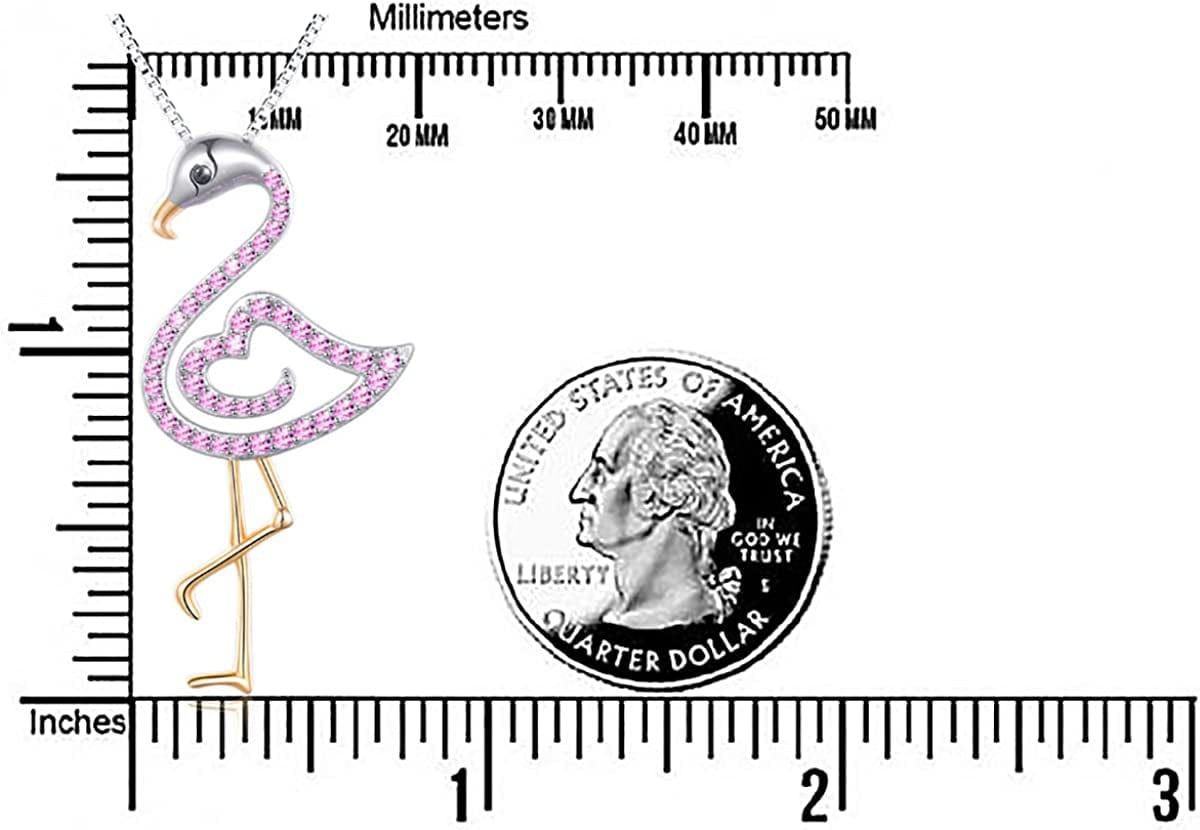 FLYOW Two Tone S925 Sterling Silver Bird Pendant Pink Flamingo Love Heart Pendant Necklace for Women Ladies Teen Girls Birthday Gifts