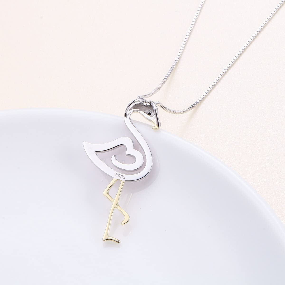 FLYOW Two Tone S925 Sterling Silver Bird Pendant Pink Flamingo Love Heart Pendant Necklace for Women Ladies Teen Girls Birthday Gifts