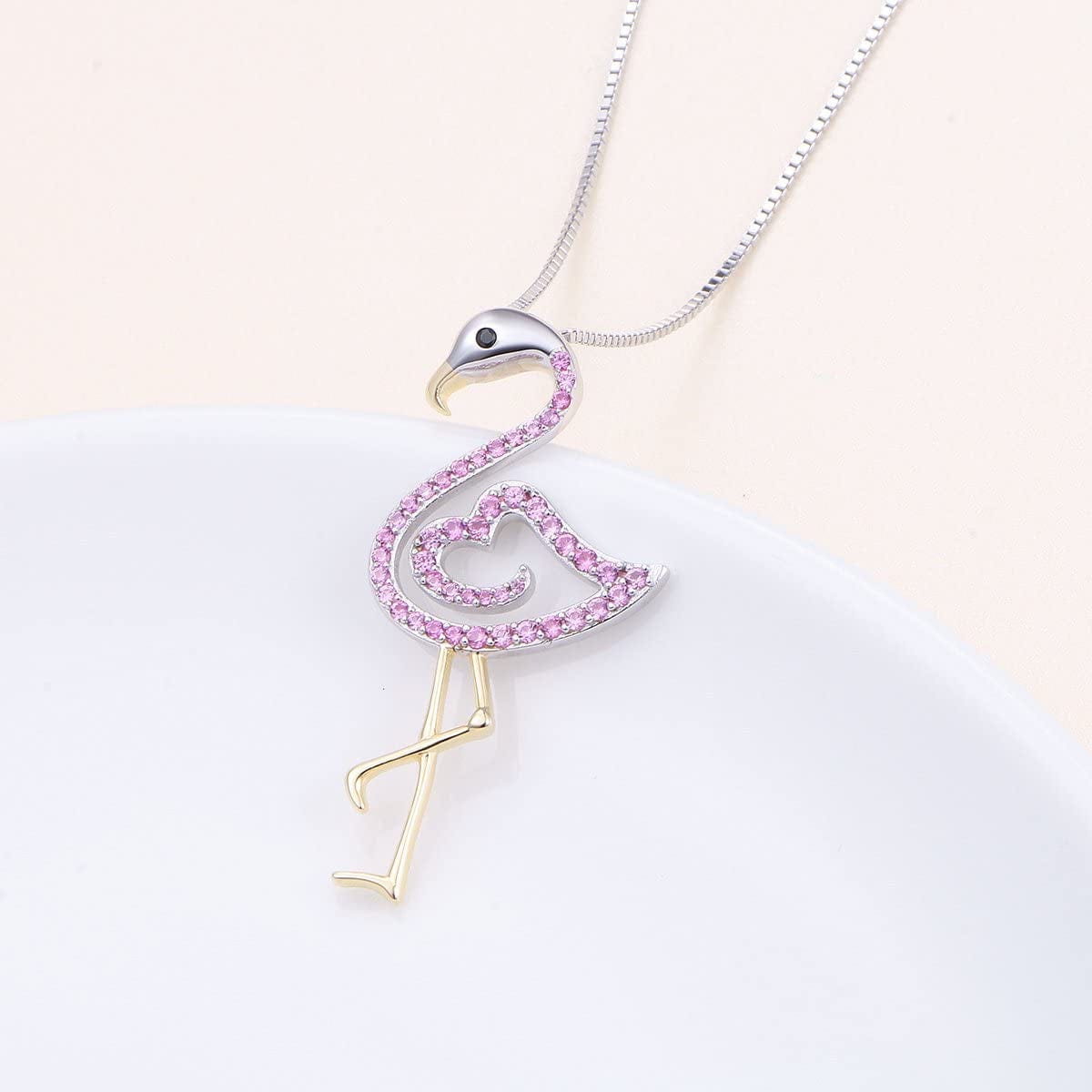 FLYOW Two Tone S925 Sterling Silver Bird Pendant Pink Flamingo Love Heart Pendant Necklace for Women Ladies Teen Girls Birthday Gifts
